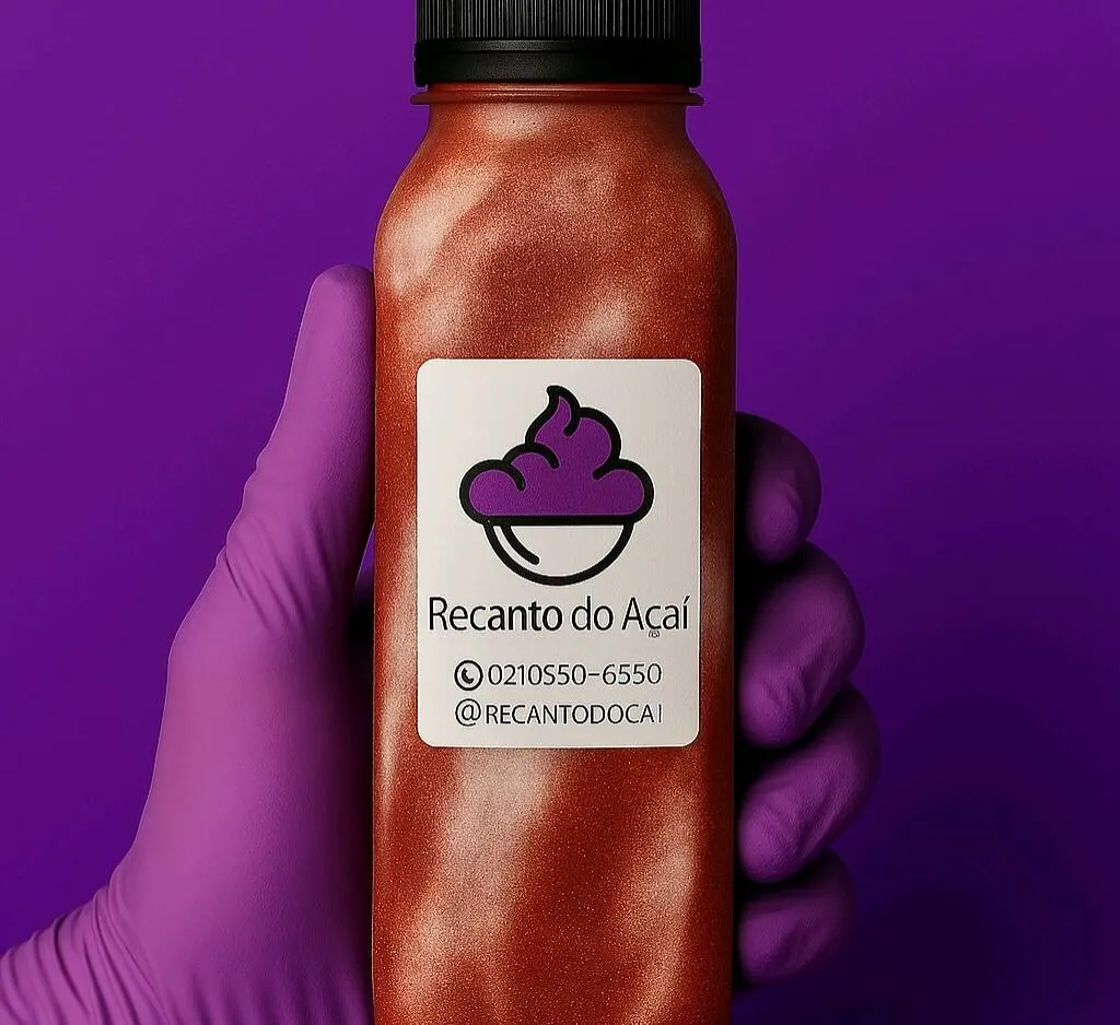 Açaí de Garrafa do Recanto na mão, com o adesivo da marca